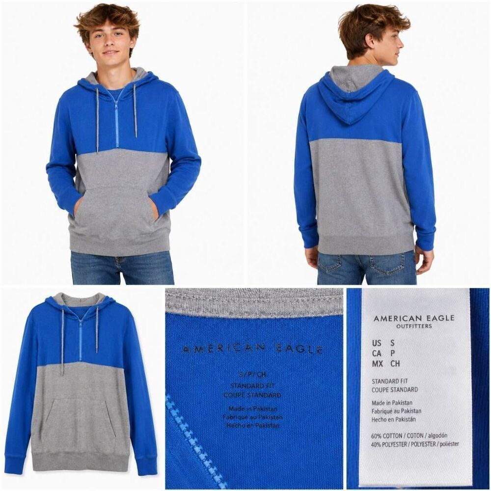 American Eagle L Blue Gray Colorblock Hoodie